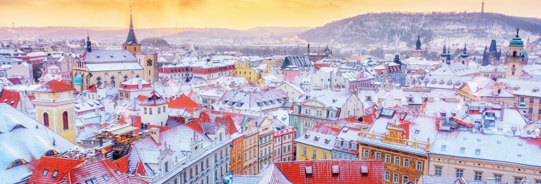 The snowy rooftops in Prague at Christmas